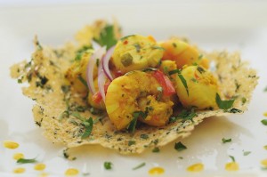 Curried seafood salad in parmigiano crisp