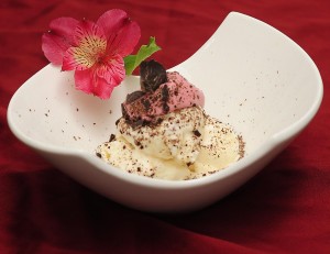 Caramel praline w/ raspberry cream & shaved chocolate